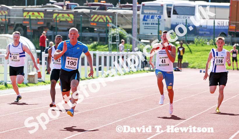 Richard Kilty (Gateshead) breaking Dwain Chambers's 100 metres track record in an Open event during the Hexham Decathlon and Heptathlon. Photo: David T. Hewitson/Sports for All Pics